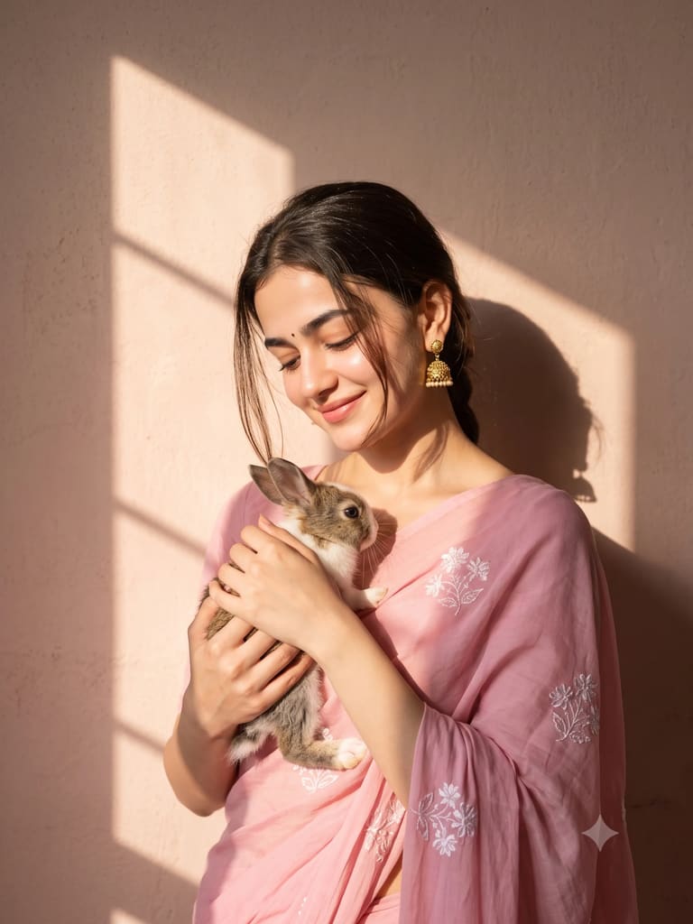 Dreamy Pink Saree Girl with Baby Rabbit (Variation 2)