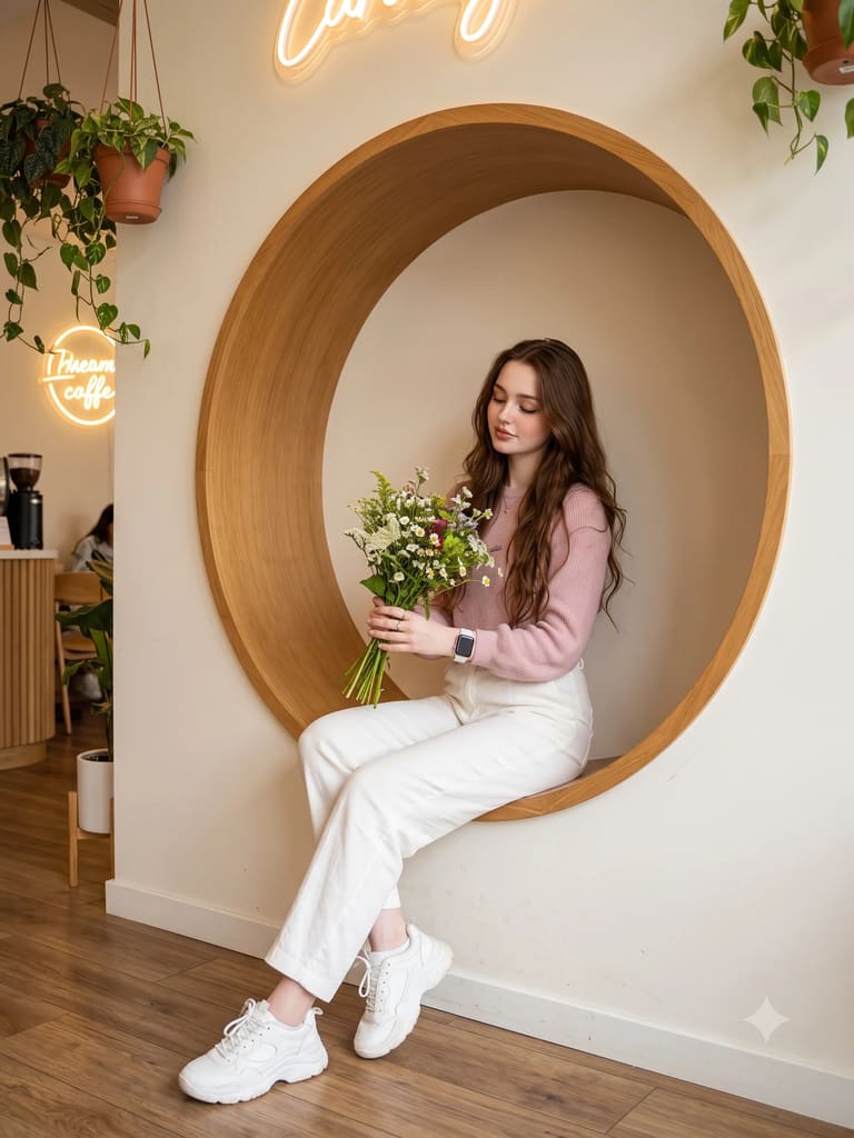 Woman with Flowers Through Circular Café Window (Variation 3)