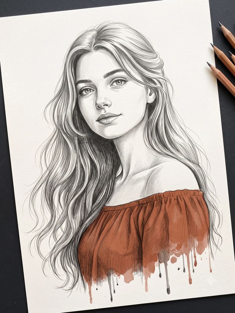 Graphite & Color Female Sketch (Variation 4)