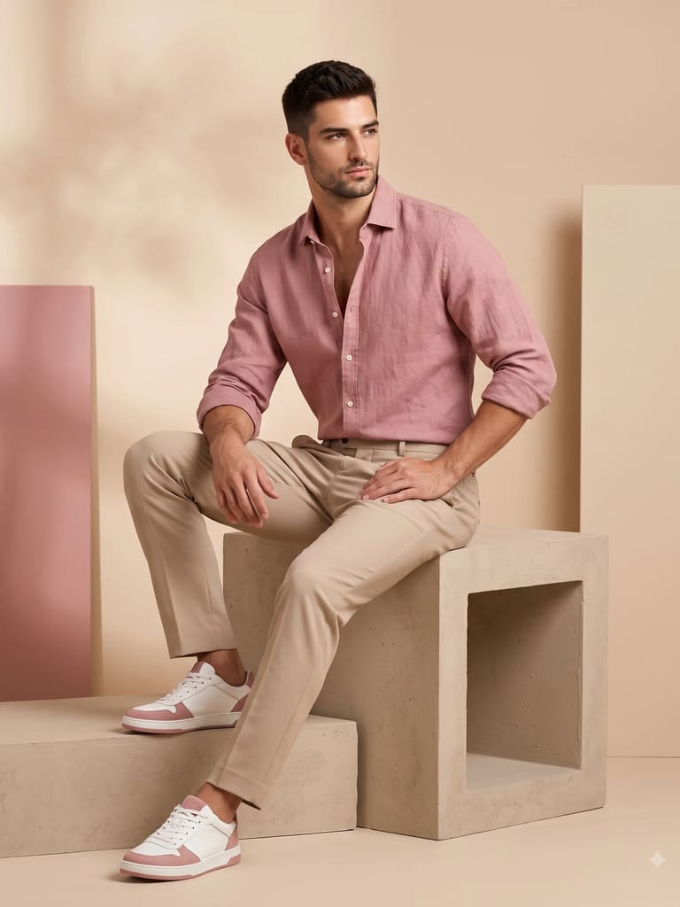 Soft Pink Linen Shirt Studio Men Photoshoot (Variation 4)