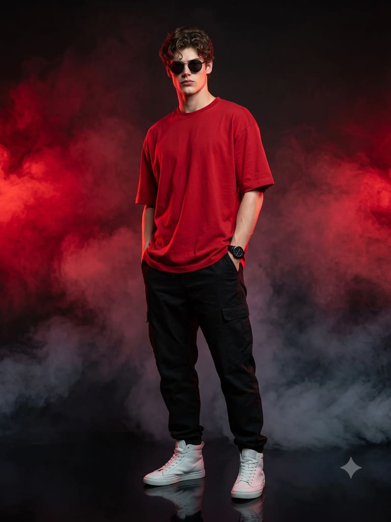 Red Tshirt Sunglasses Smoke Studio Fashion Portrait (Variation 2)