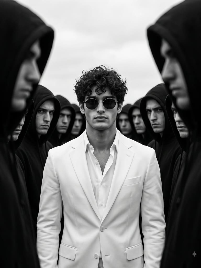White Suit Man in Hooded Crowd Portrait (Variation 3)