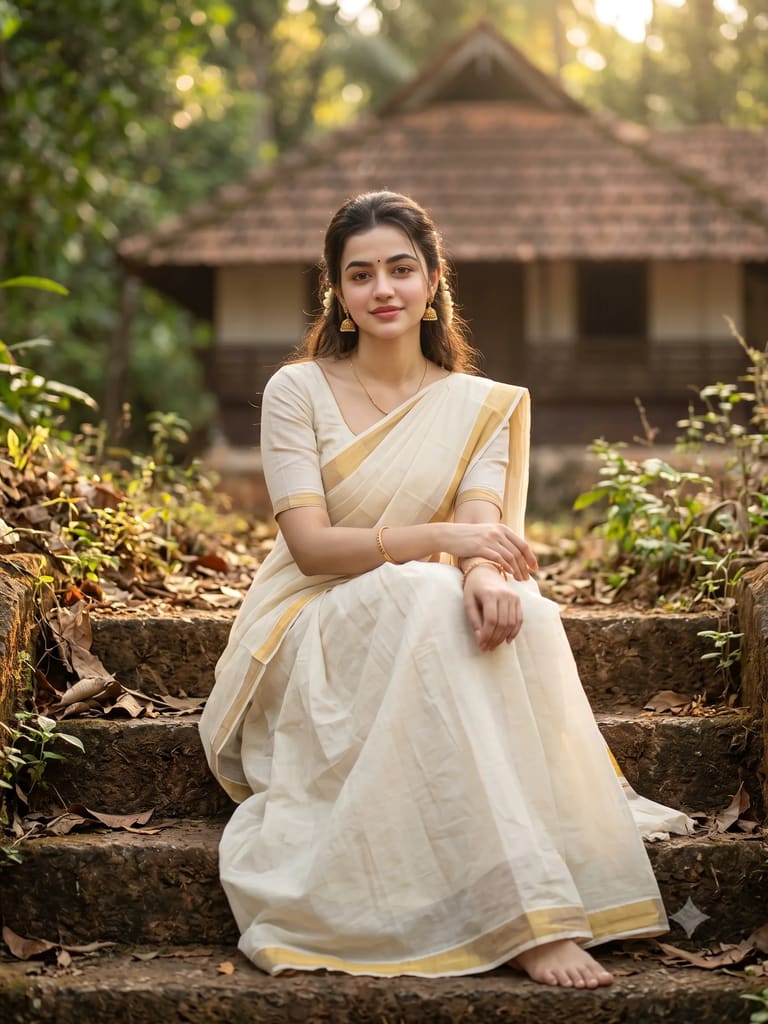 Traditional Kerala Kasavu Saree Woman Portrait (Variation 3)