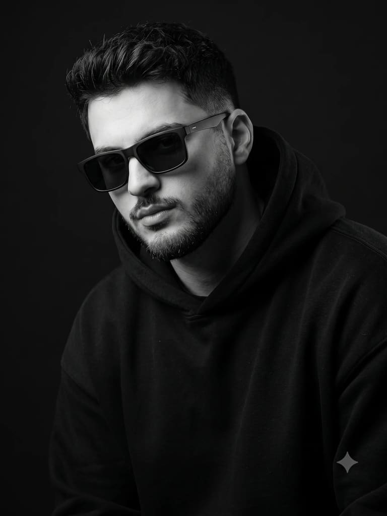 Monochrome Man Black Hoodie Sunglasses Portrait (Variation 5)