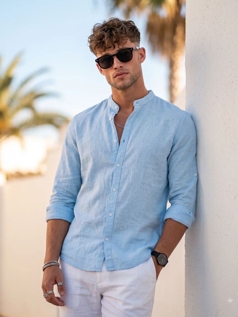 Man in Blue Linen Shirt, Summer Style