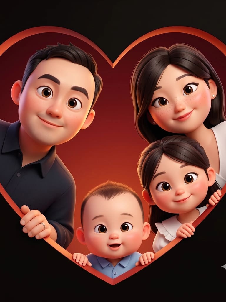 3d Animated Family Portrait in Heart Frame Portrait (Variation 9)