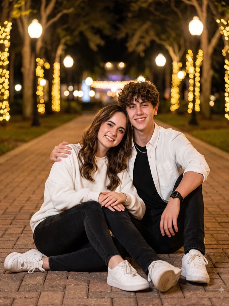Night Bokeh String Lights Couple Sitting Portrait (Variation 4)