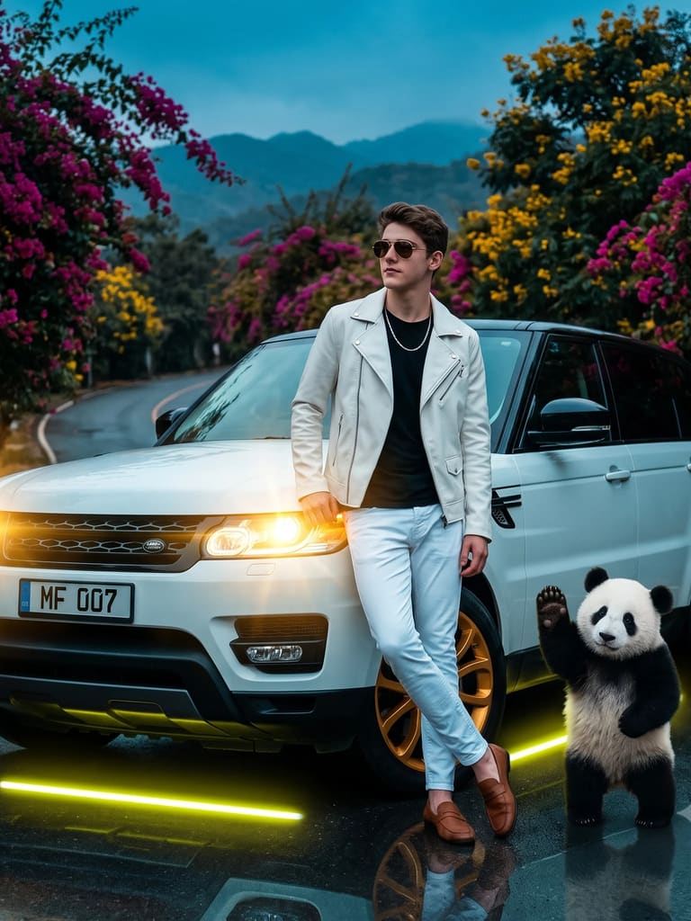 Stylish Man with White SUV and Panda Portrait (Variation 2)