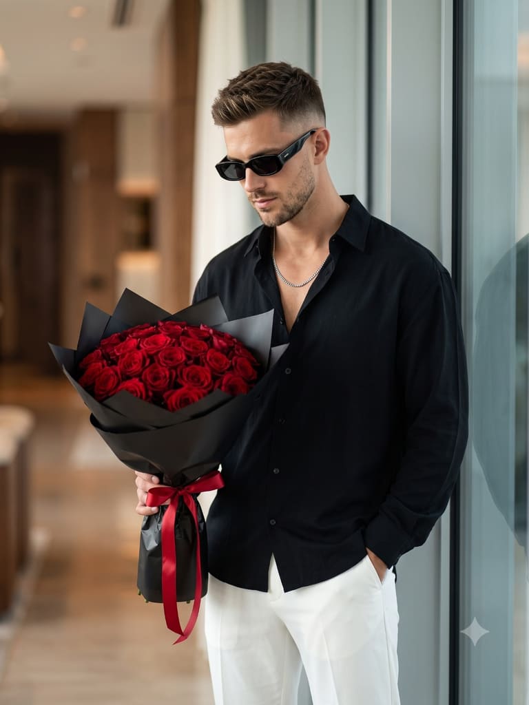 Stylish Man Holding Crimson Roses