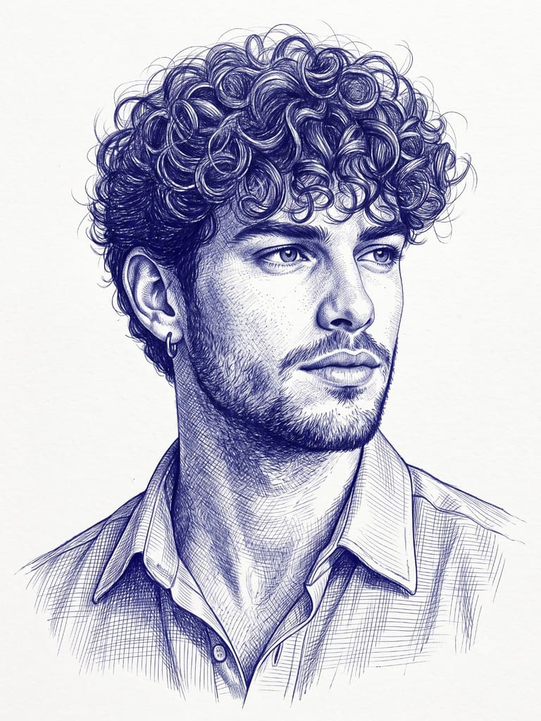 Ballpoint Pen Drawing of Handsome Male Portrait (Variation 1)