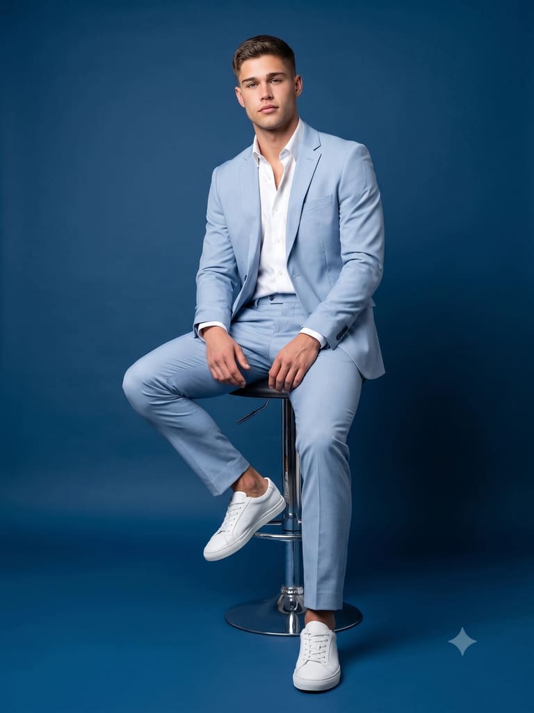 Monochromatic Blue Suit Photo AI Prompt