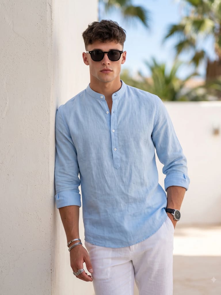 Man in Blue Linen Shirt, Summer Style Portrait (Variation 2)