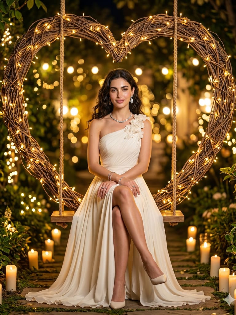 Candlelit Evening on a Floral Woven Heart Swing