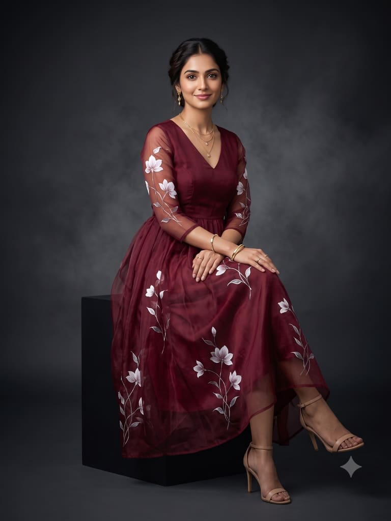 Woman in a Burgundy Floral Dress