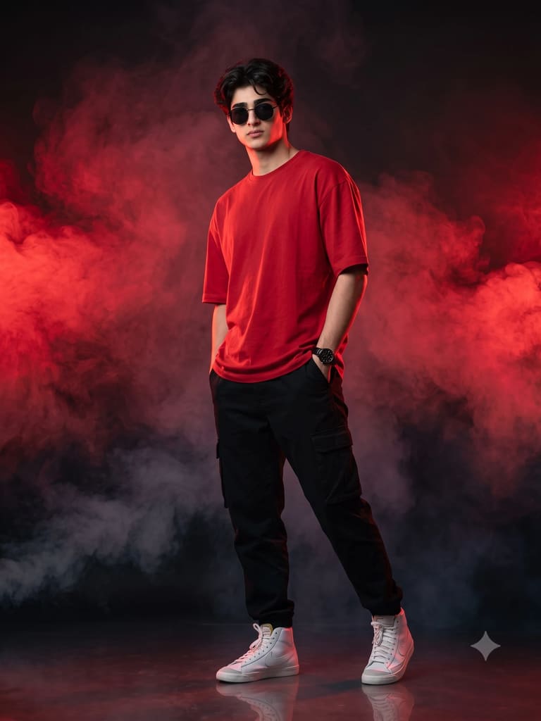 Red Tshirt Sunglasses Smoke Studio Fashion Portrait (Variation 4)
