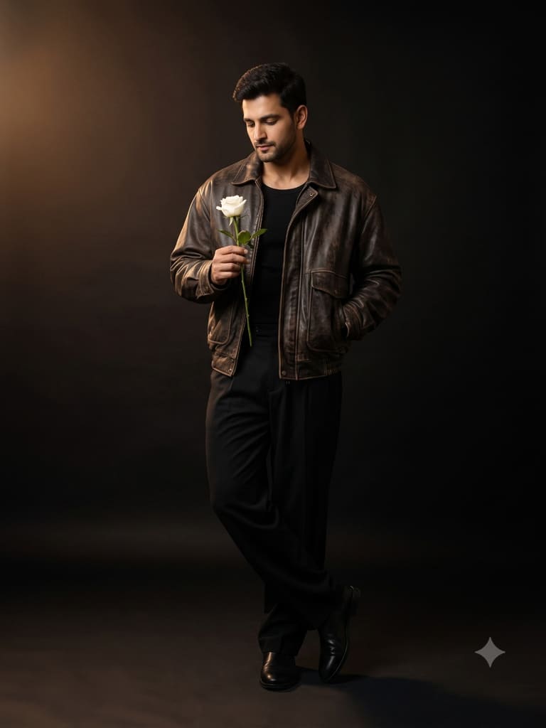 Romantic Man in Leather Jacket Holding White Rose Portrait (Variation 2)