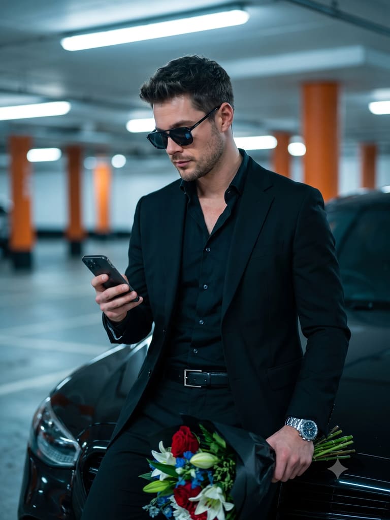 Dapper Man in Black Suit Waiting with Rose Bouquet (Variation 2)