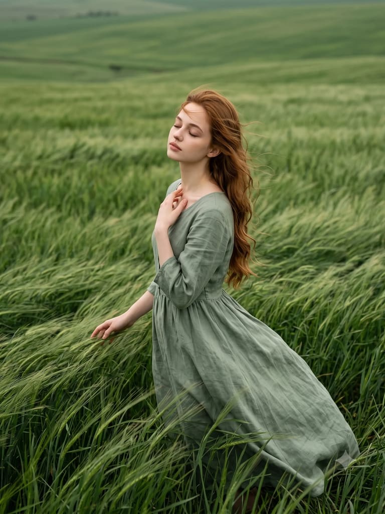 Serene Woman in Wind Green Field Portrait (Variation 2)