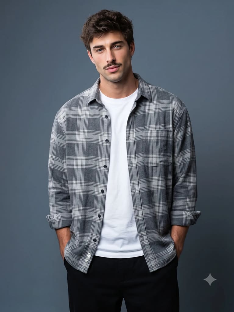 Grey Plaid Flannel Studio Men Fashion Portrait (Variation 6)