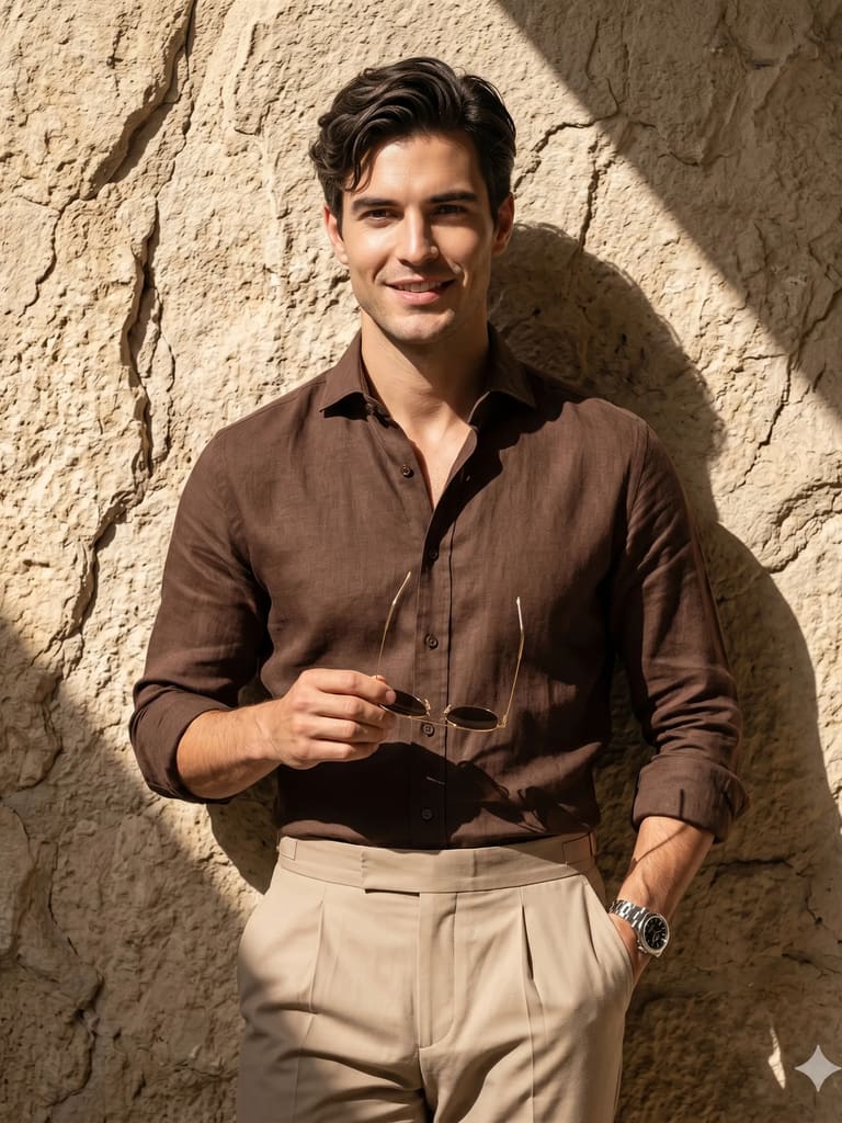 Earthy Brown Linen Shirt Summer Men Style Portrait (Variation 2)