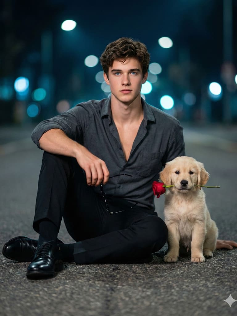 Romantic Night Street: Man with Rose and Puppy (Variation 2)