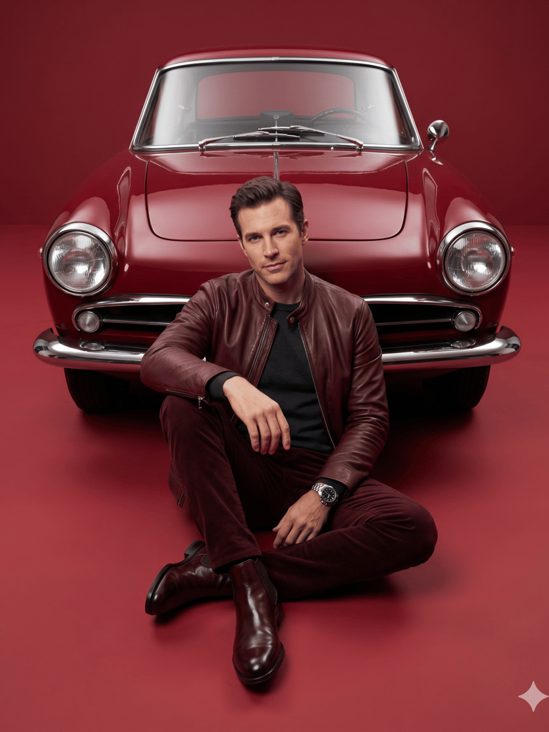 Heritage Drive Vintage Car Outdoor Men Fashion Portrait (Variation 2)
