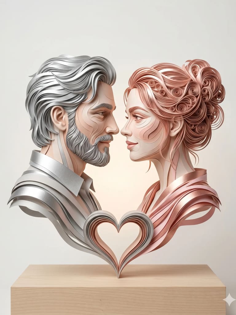 3D Paper Quilling Couple Heart Sculpture Portrait (Variation 2)