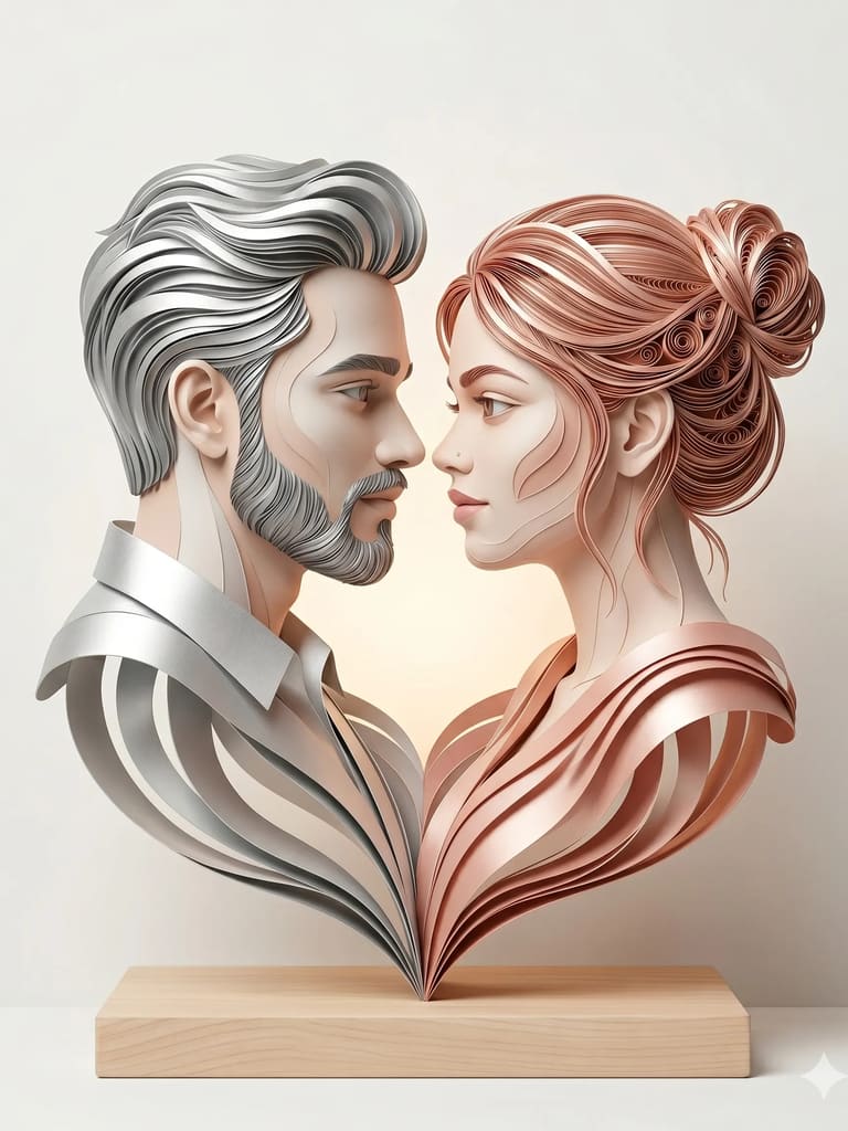 3D Paper Quilling Couple Heart Sculpture Portrait (Variation 3)