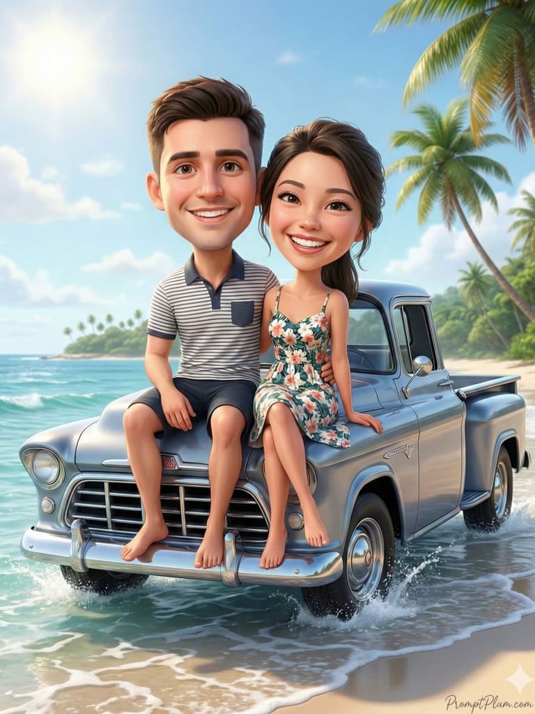 3D Caricature Couple on Tropical Beach Vacation (Variation 2)