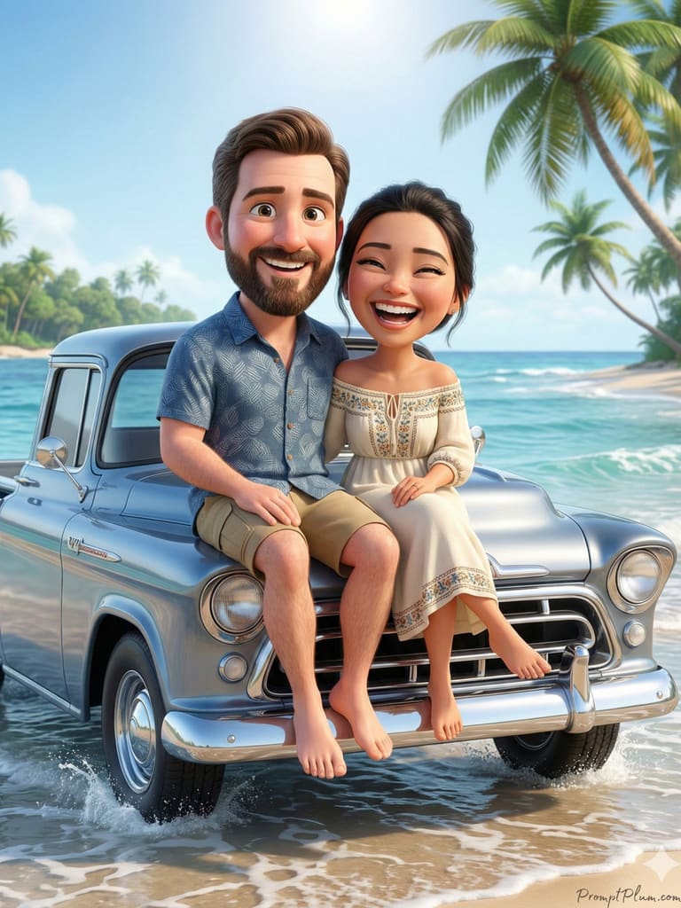 3D Caricature Couple on Tropical Beach Vacation (Variation 4)
