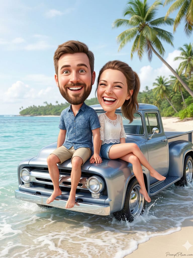 3D Caricature Couple on Tropical Beach Vacation (Variation 6)