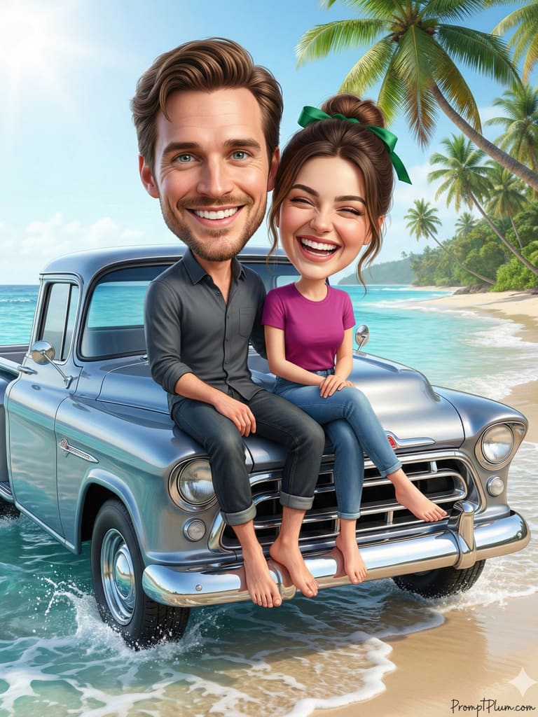3D Caricature Couple on Tropical Beach Vacation (Variation 5)