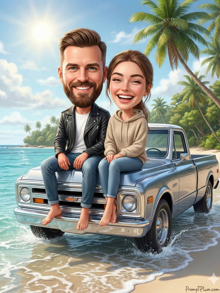 3D Caricature Couple on Tropical Beach Vacation (Variation 7)