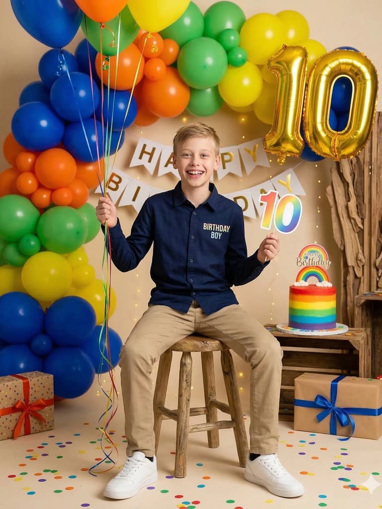 Rainbow Themed Birthday Boy Party Celebration Portrait (Variation 3)