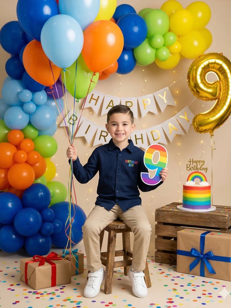 Rainbow Themed Birthday Boy Party Celebration Portrait (Variation 2)