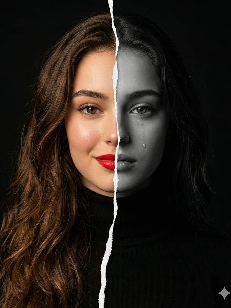 Split Face Dual Emotion Happy Sad Woman Portrait (Variation 2)