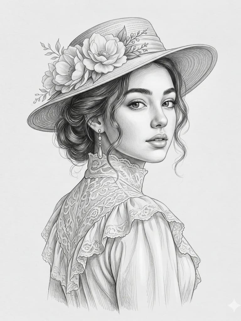 Vintage Pencil Sketch Woman with Rose and Elegant Hat (Variation 3)