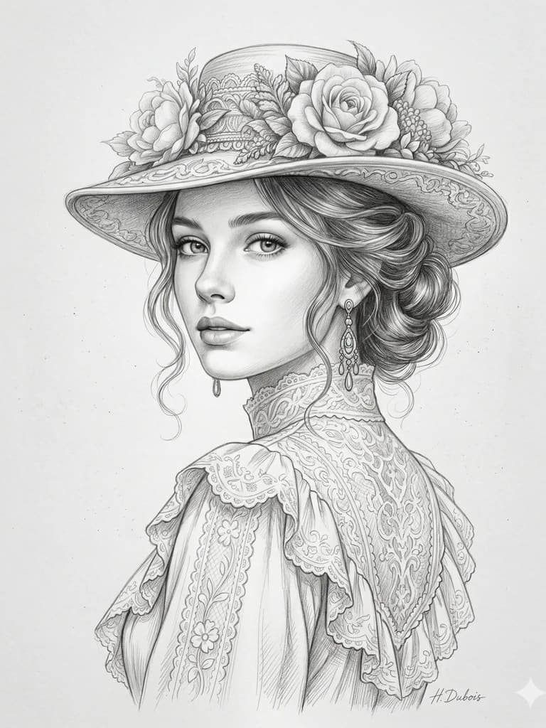 Vintage Pencil Sketch Woman with Rose and Elegant Hat (Variation 2)