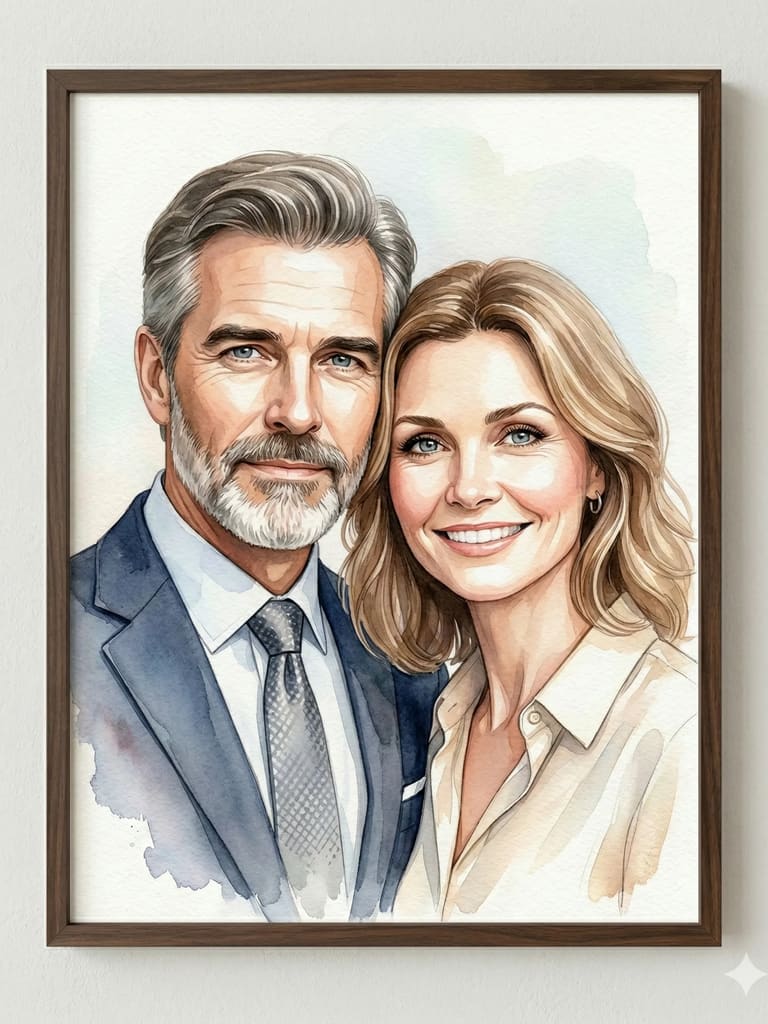 Romantic Watercolor Couple Portrait in Wood Frame (Variation 4)