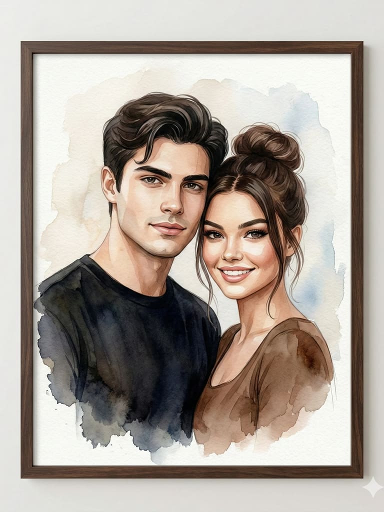 Romantic Watercolor Couple Portrait in Wood Frame (Variation 3)