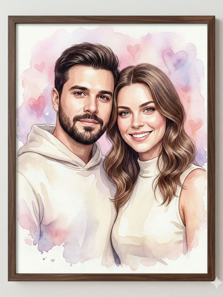 Romantic Watercolor Couple Portrait in Wood Frame (Variation 2)