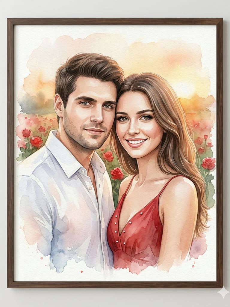 Romantic Watercolor Couple Portrait in Wood Frame (Variation 5)