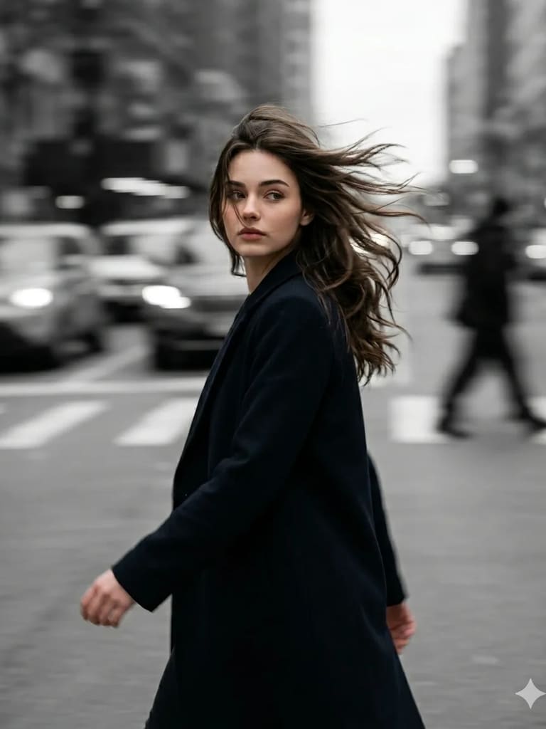 Woman in Black Coat City Street Motion Blur Portrait (Variation 2)