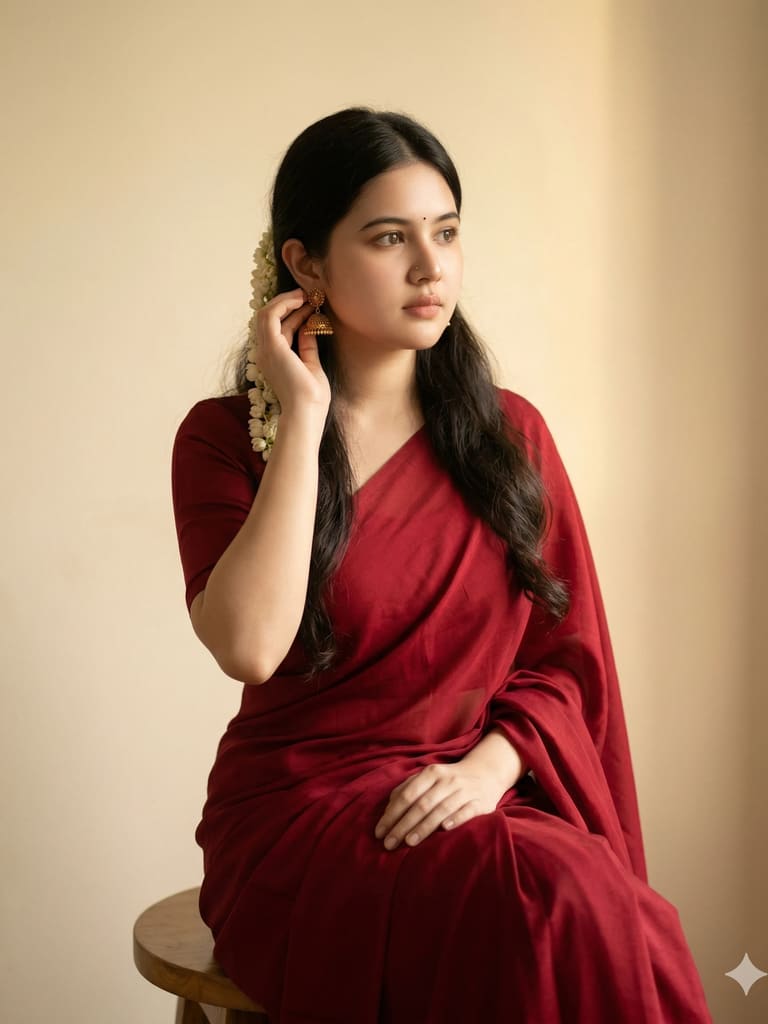 Crimson Red Saree Serenity Indian Woman Portrait (Variation 2)