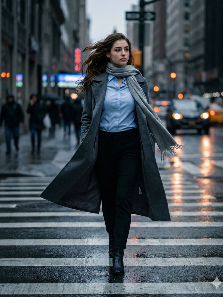 Grey Coat Woman Walking City Crosswalk Portrait (Variation 2)