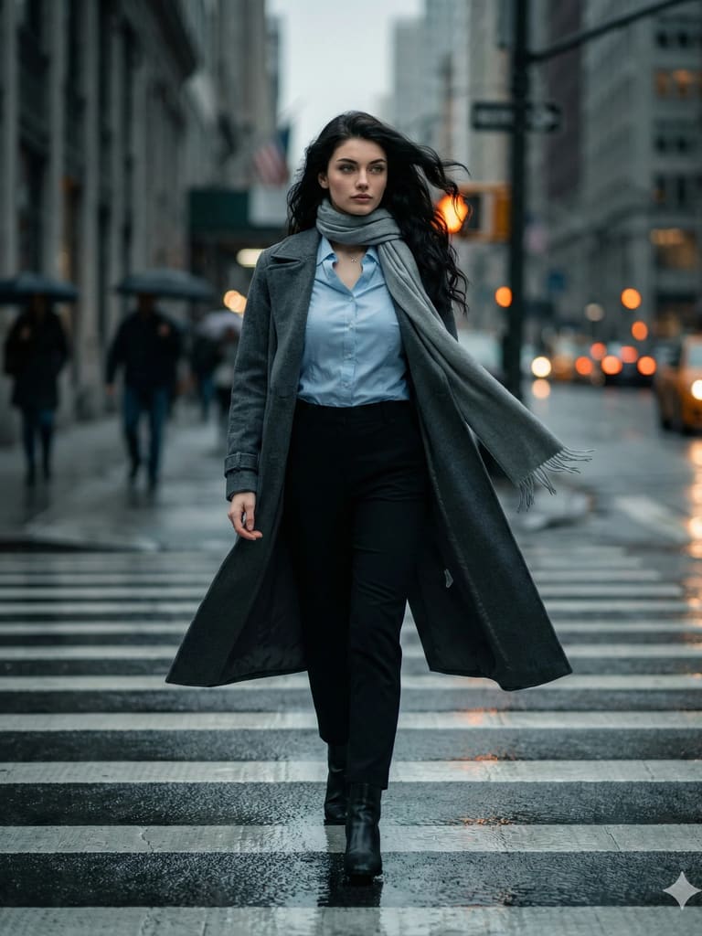 Grey Coat Woman Walking City Crosswalk Portrait (Variation 3)