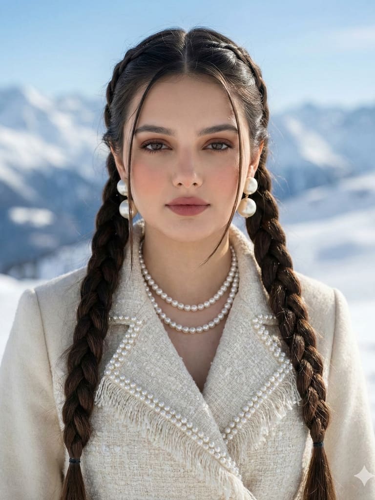Braids Pearls Snowy Mountain Peak Beauty Portrait (Variation 3)