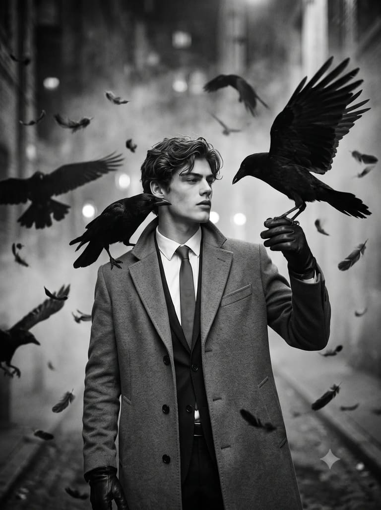 B&W Noir Portrait with Swirling Crows