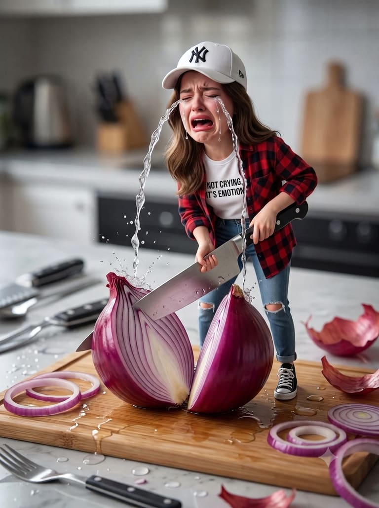Funny Tiny Woman Crying Cutting Onion Photo Prompt