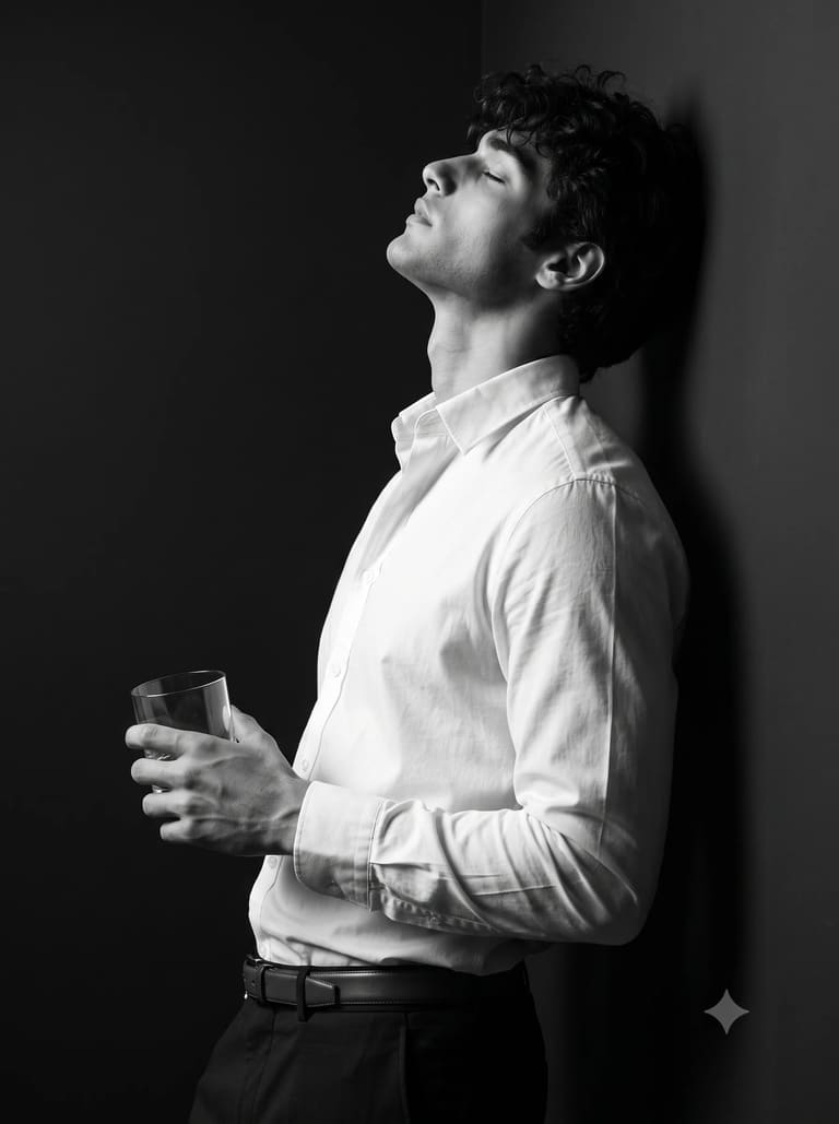 Black and White Profile of Man Holding Glass